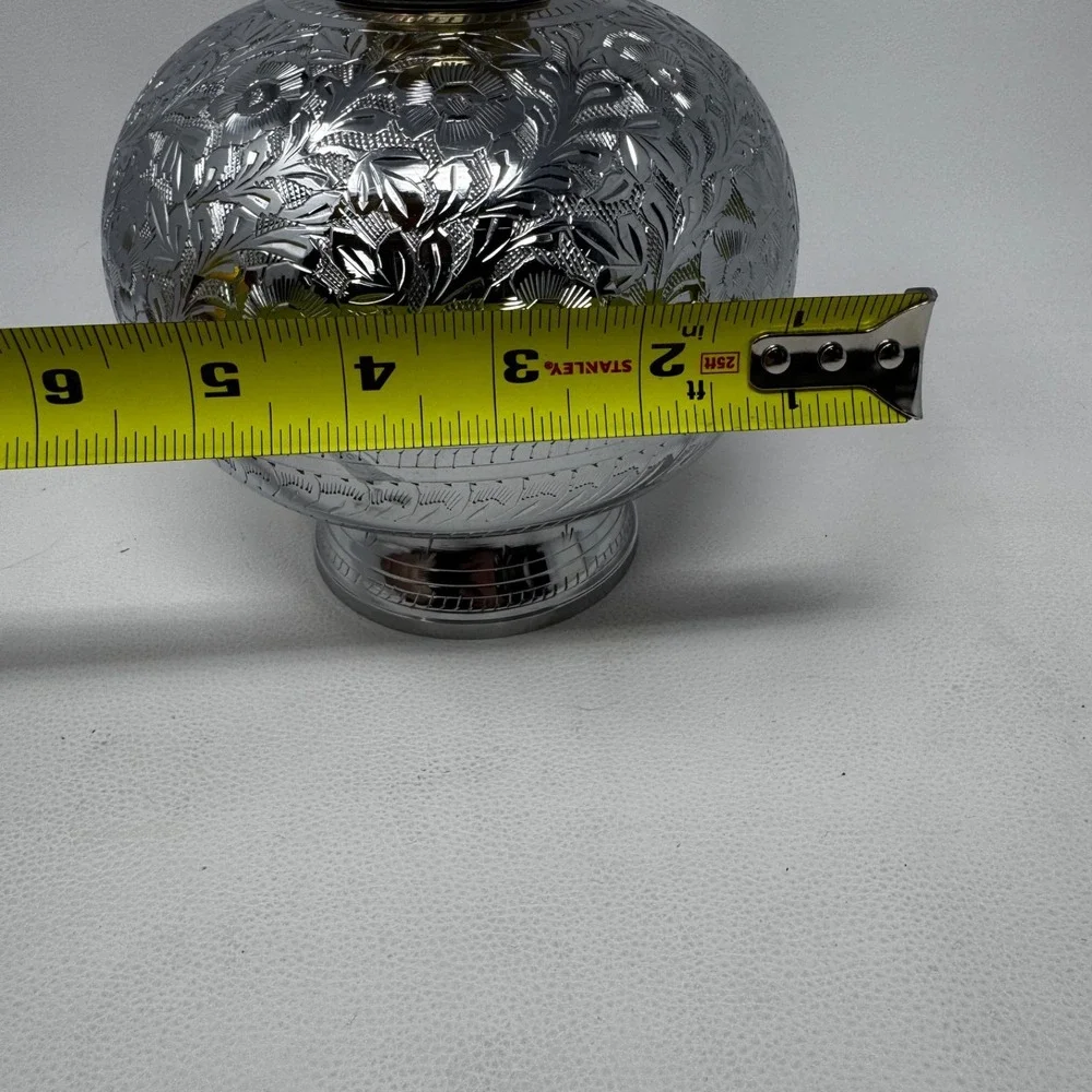 Vintage Indian Brass Silver-Tone Engraved Vase 2-Piece Floral Globe 8.5in Decor